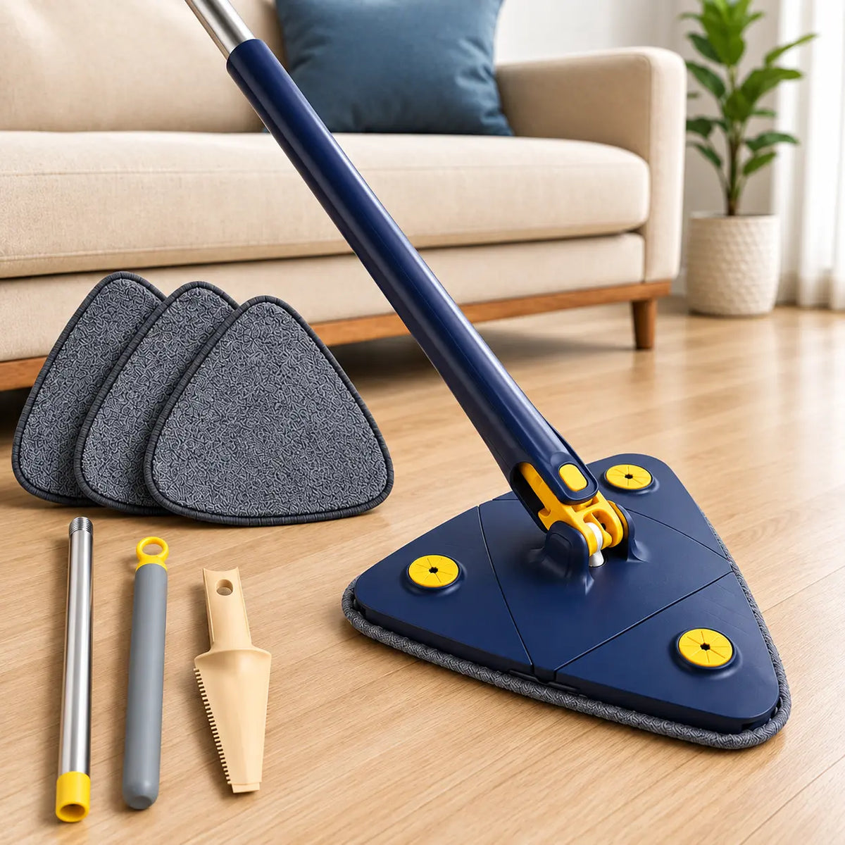 Triangle Mop with 360° Rotation, Adjustable Handle & Reusable Microfiber Pad for Floors, Tiles & Tubs